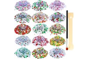 Glitter SUPGIFT 15 Colors 130g Holographic Christmas Snowflake Tree Heart Star Pentagram Chunky Cosmetic Laser Sequins for Makeup Hair Body Nail Art Slime Craft Resin with Brush 5 Spoons