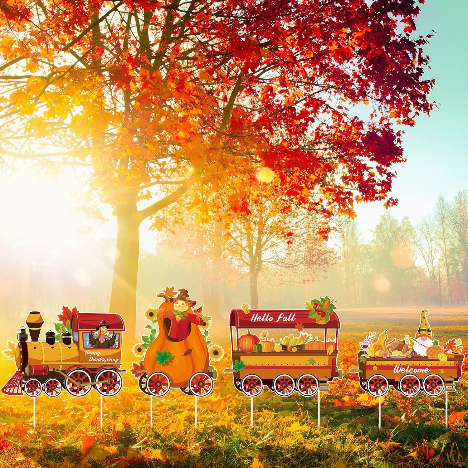 Yard Signs - 4 Pcs Thanksgiving Yard Signs Train Thanksgiving Outdoor Decorations Outside Turkey Decoration Pumpkin Turkey Maple Gnome Thanksgiving Outside Decorations with 8 Pcs Plastic Stakes for Lawn Decor