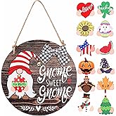 CYNOSA Interchangeable Seasonal Gnome Sweet Gnome Welcome Sign Front Door Decor Wooden Gnome Door Hanger, 12 Inches Farmhouse Wall Sign Gnome Decor (Brown)