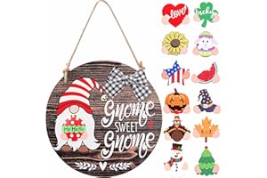 CYNOSA Interchangeable Seasonal Gnome Sweet Gnome Welcome Sign Front Door Decor Wooden Gnome Door Hanger, 12 Inches Farmhouse Wall Sign Gnome Decor (Brown)