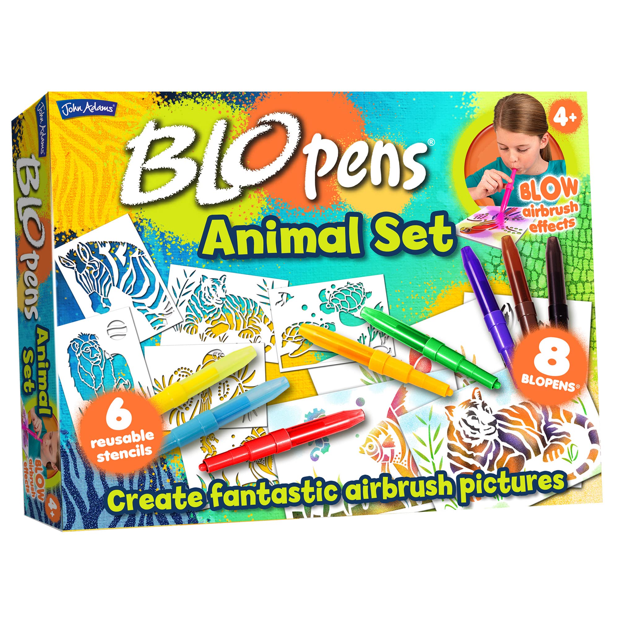 John Adams BLOPENS® Animals Activity Set | Contains 6 Reusable Stencils & 8 BLOPENS | A Fab New Way to Colour & Draw | Ages 4+ | Great Gift Idea for Christmas For Boys & Girls | Washable & Non-Toxic