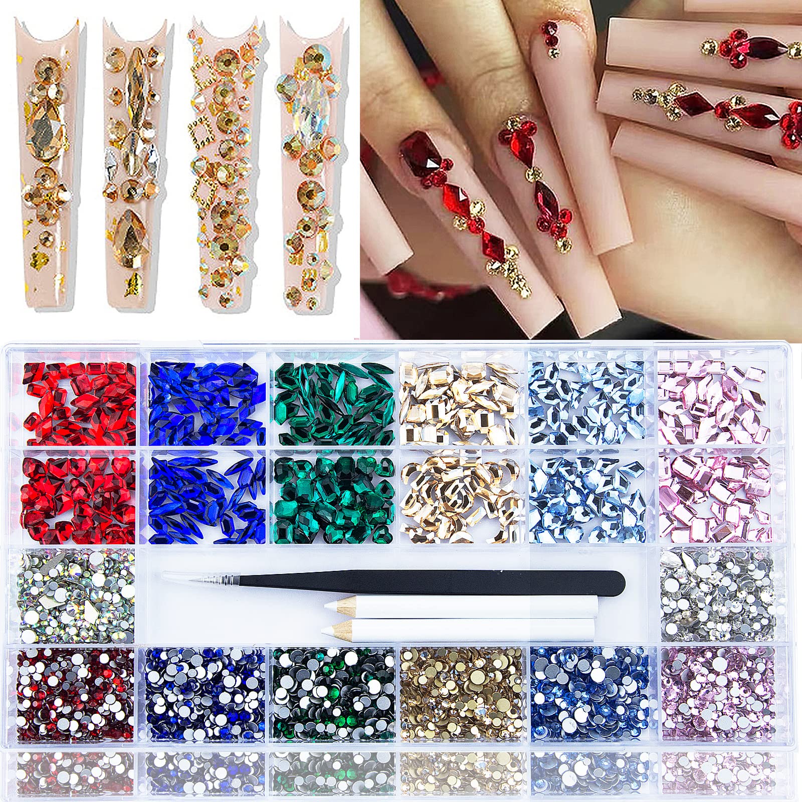 Photo 1 of 3820 Pcs Rhinestones for Nails, Red Emerald Green Royal Light Lake Blue Gold Nail Rhinestones Crystals Multi Shaped Sized Flatback Nails Glass Gems Crystals for Nails DIY Crafts
