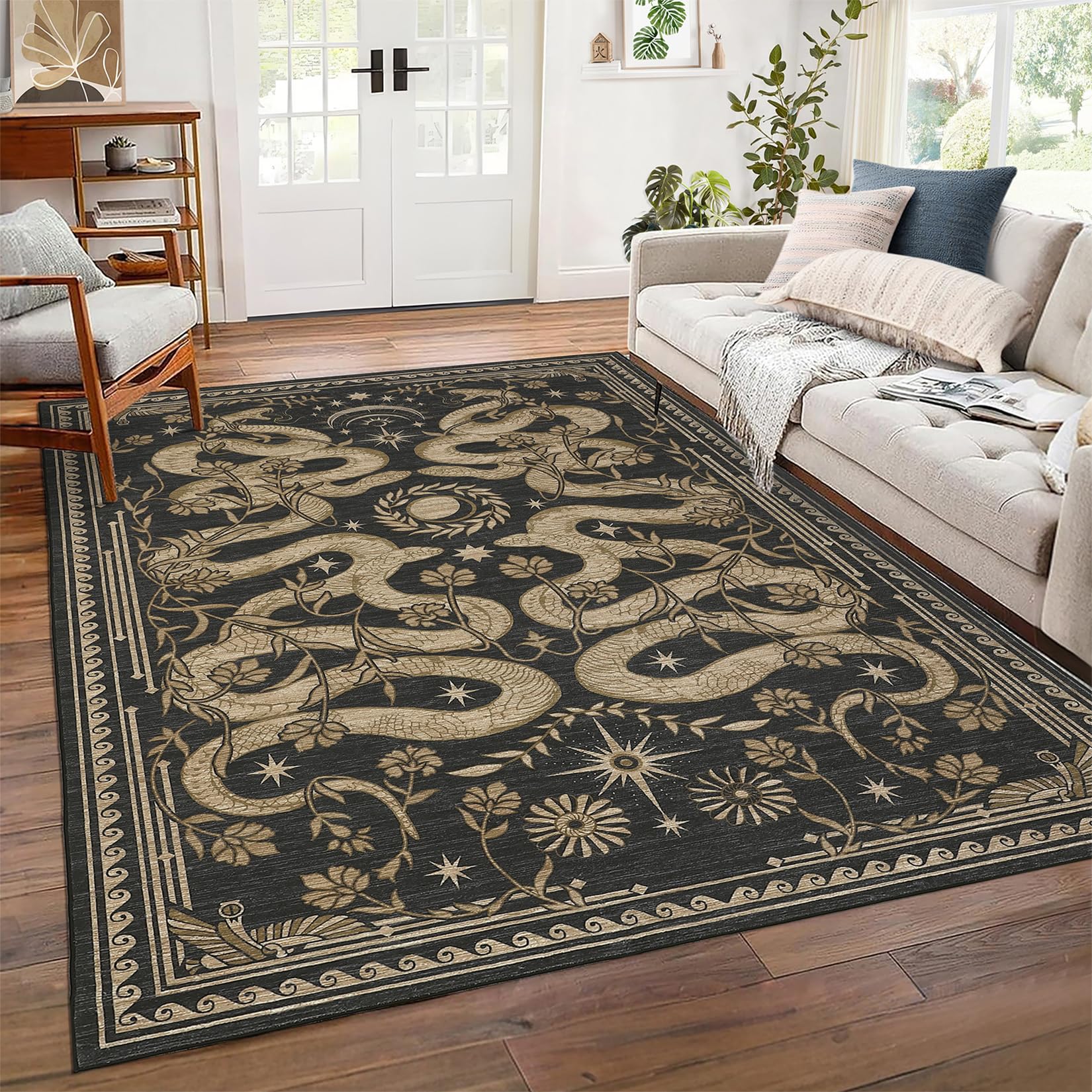 Photo 1 of Snake Washable Rugs 5x7 Area Rug for Living Room Forest Soft Low-Pile Stain Resistant Thin Carpet for Bedroom Dining Nursery Non Slip Mat with Rubber Back Dark Grey