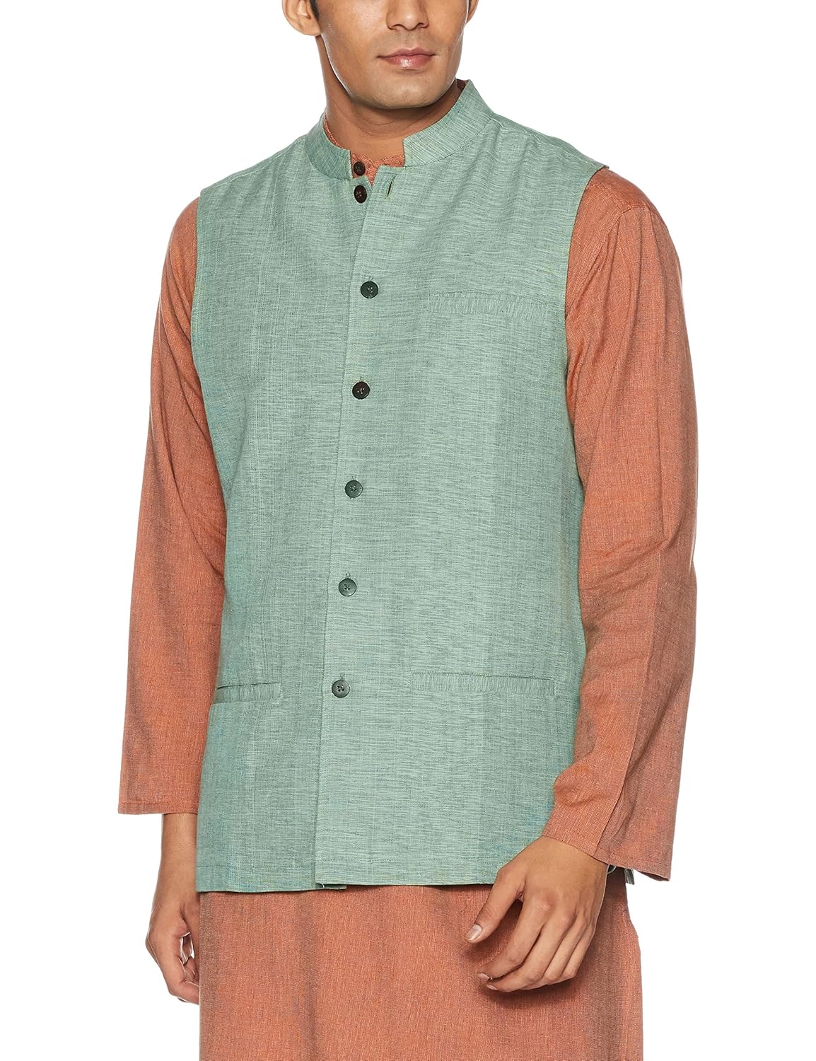 fabindia men's banded collar cotton jacket
