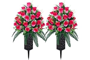 LVXINLI 2 Sets Artificial Cemetery Flowers,Outdoor Grave Decorations Roses,Beautiful Arrangements Bouquet with Cemetery Vase,Lasting and Non-Bleed Colors (Pink)