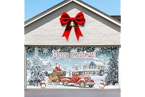 Brightown Christmas Garage Door Cover 7 x 16 ft Decorations, with Magnetic Hook and Elastic Cord for Easy Installation, Large Banner Backdrop for 2 Car Garage Door Party Wall Door Gate (White)