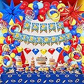 86Pcs Speed Lightning Theme Birthday Party Decorations Set, Blue and Red Balloon Arch Kit with Large Tablecloth and Foil Star Balloons, Game Room Decor