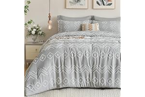 Newspin Full Comforter Set, Grey Boho 7 Pieces Bed in a Bag, Cationic Dyeing Bed Set Jacquard Tufted Shabby Chic Bedding Set for All Season with Comforter, Sheets, Pillowcases & Shams