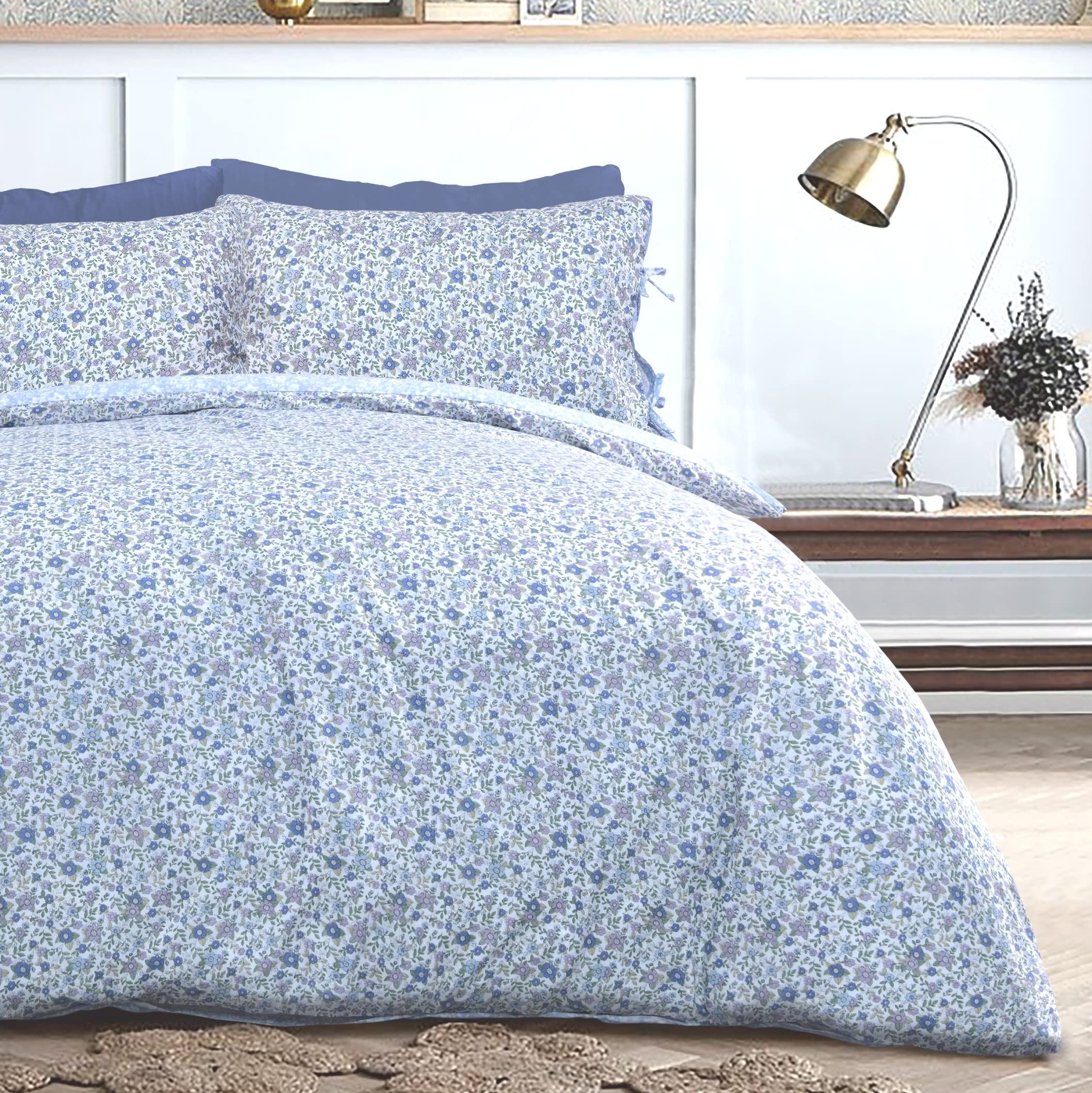 Sleepdown Ditsy Flowers Blue White Reverse Soft Easy Care Duvet Cover Quilt Bedding Set Pillowcase with Ties - Single (135cm x 200cm)