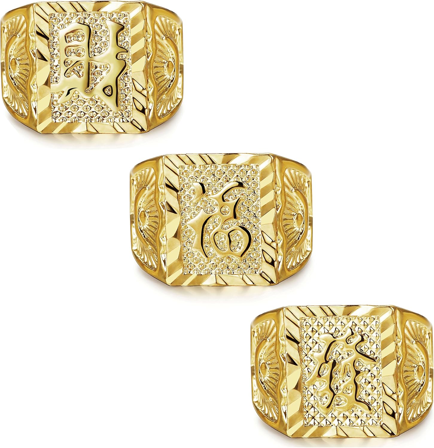 Lolias 3 Pcs Men S Gold Plated Ring Wedding Ring Kanji Ring Rich Luck Wealth Ring Set Adjustable Amazon Com