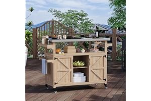 Garvee Outdoor Grill Cart with Storage Cabinet, Movable Kitchen Island with Stainless Steel Tabletop, Portable BBQ Prep Stati