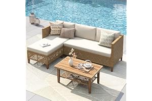 PHI VILLA Wicker Patio Furniture Set, Sectional Outdoor Sofa with Cushions and Acacia Wood Coffee Table, L-Shaped Small Patio Conversation Set, Beige