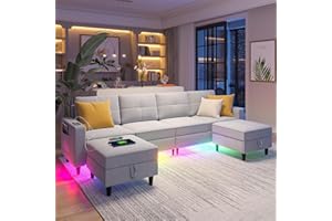 SKKTKT LED Sectional Couches for Living Room, Modular Sectional Sofa Set with Storage Ottomans, Oversized U Shaped Sofa Couch with Auto Sensor RGB Lights and Charging Station (Light Grey)