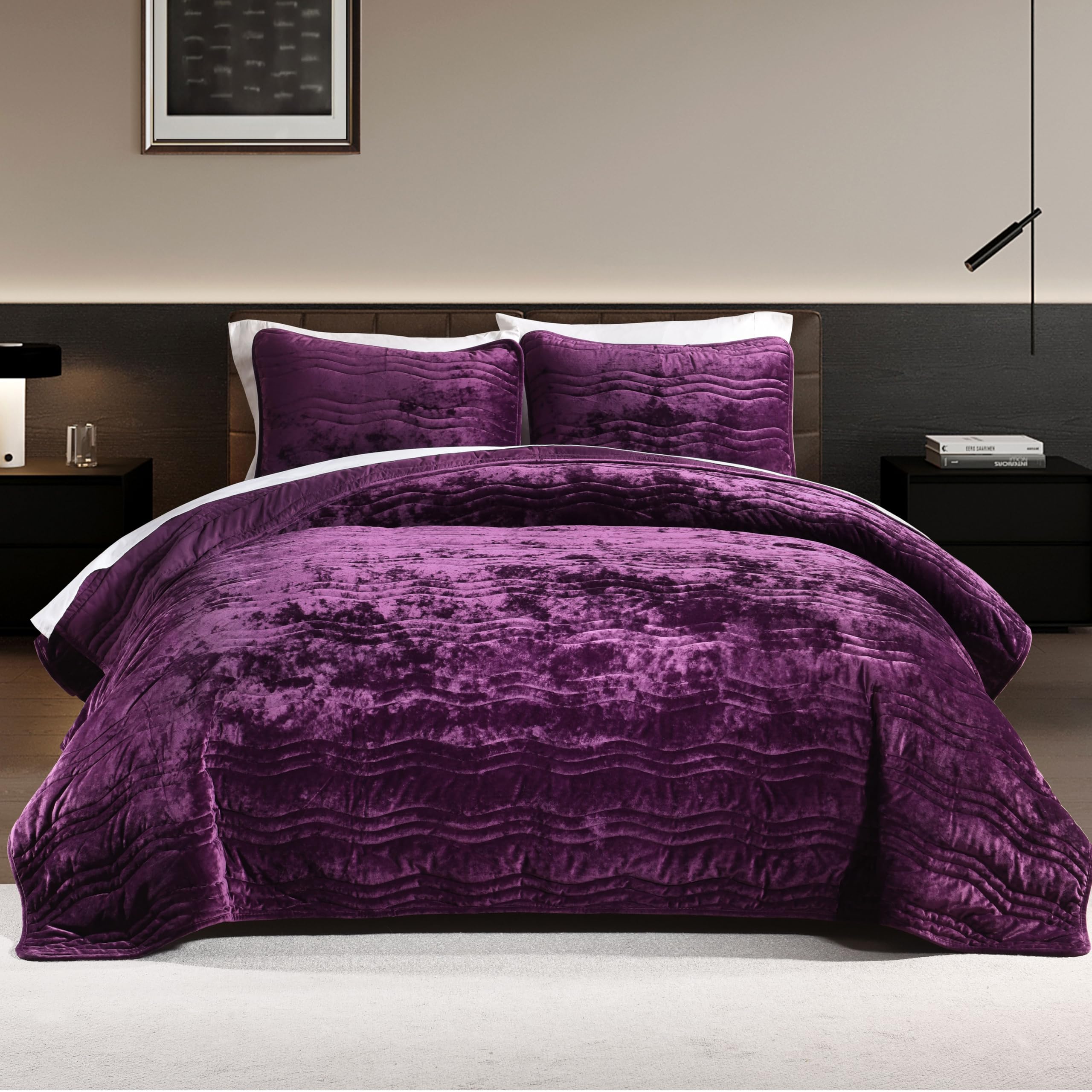 Photo 1 of AJOCCI Velvet Quilt, Purple King Size Comforter Set, Luxury Bedding,Soft Plush King Bedspread, Machine Washable Coverlet,All-Season 3 Pieces