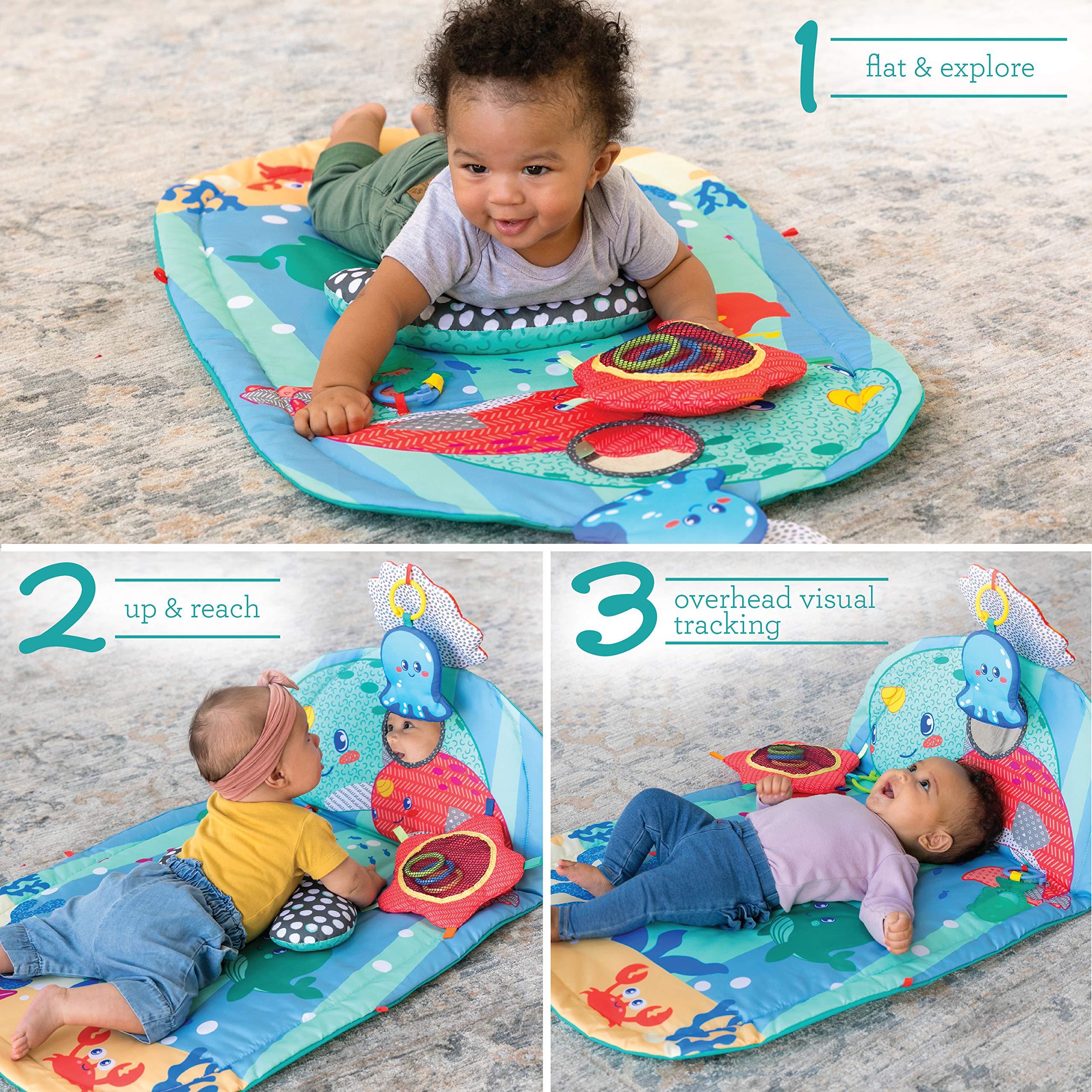 Infantino 3 Stage Above & Beyond Tummy Time Mat - 3 Play Modes for Gross Motor Development, 3 Removable Ocean Themed Toys, Tummy-Time Bolster, Giant 38