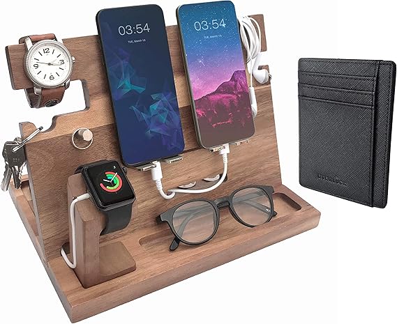 Amazon Com Eterluck Wooden Docking Station Men Nightstand Organizer Bundle W Rfid Blocking Leather Wallet Charging Station Cell Phone Stand Tablet Stand Husband Gifts From Wife For Dad Natural