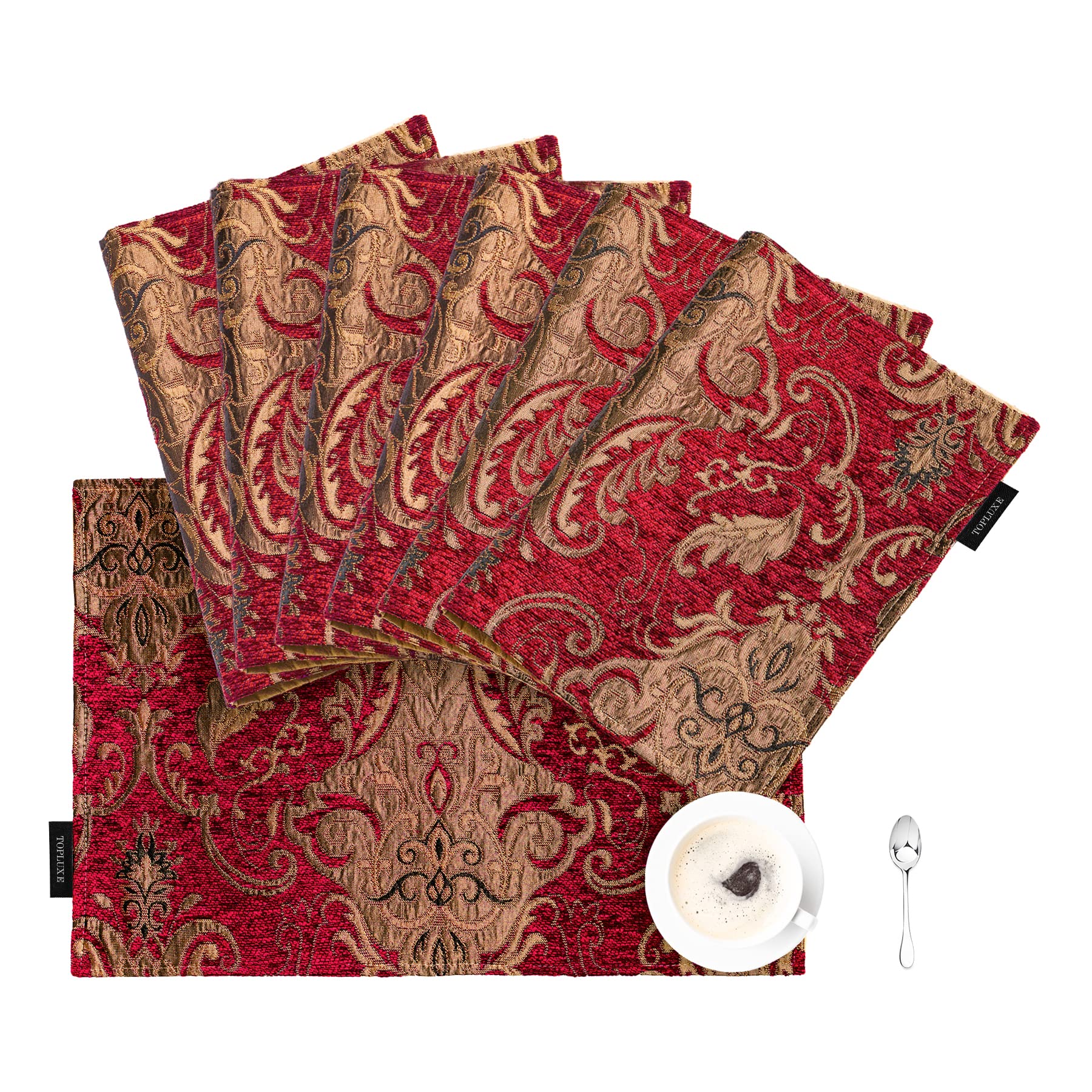 TOPLUXE Placemats 30x45cm, Damask Table Mats for Dining Room/Restaurant/Banquet/Festival Decoration (Set of 6, Burgundy)