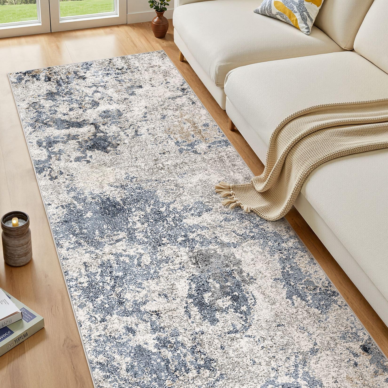 Hallway Washable Runner Rug: 3x8 Abstract Modern Soft Stain Resistant Non-Slip Backing Runner for for Entryway Kitchen Laundry - Blue Brown Image