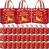 Abbylike 30 Pack Chinese New Year 2026 Large Reusable Gift Bags Bulk Horse Lunar New Year Snake Goodie Treat Bag with Handle Spring Festival Red Non Woven Tote for Party Favor, 12 x 11 x 4.7 Inches