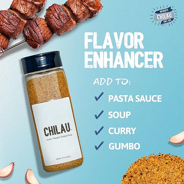 CHILAU | GARLIC PEPPER SEASONING – SEASONED SALT FOR CHICKEN, SEAFOOD, MEATS, AND VEGGIES – INFUSED WITH SEA SALT, GROUND GARLIC, CHILI PEPPERS, AND SPICES – VERSATILE FLAVOR BOOSTER – 10.7OZ
