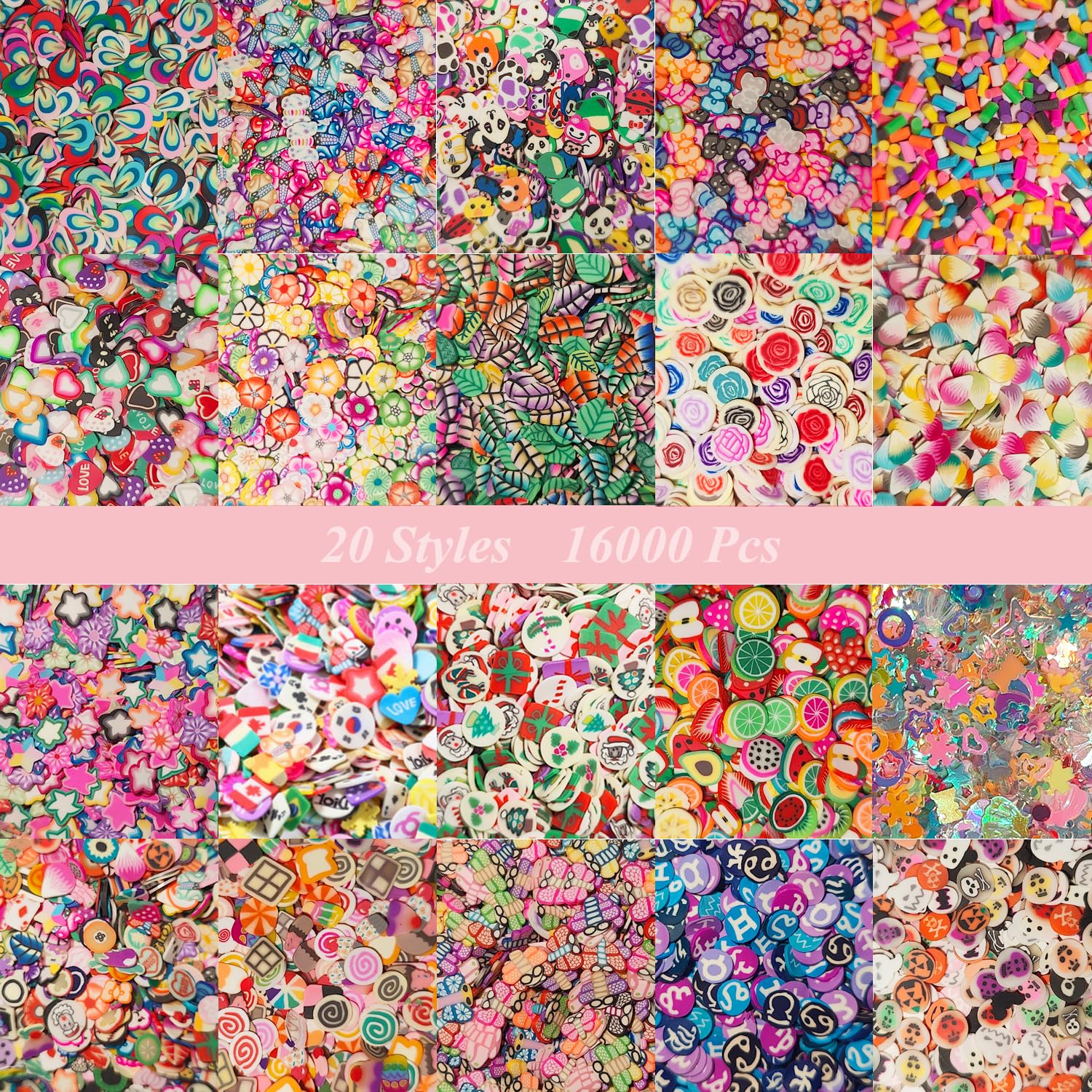 20000 pcs (20 Styles) Clay Slices Charms, VEINARDYL Nail Art Slices Fruit Heart Flower 3D Polymer Clay for DIY Crafts Resin Slime Making Cellphone Decoration