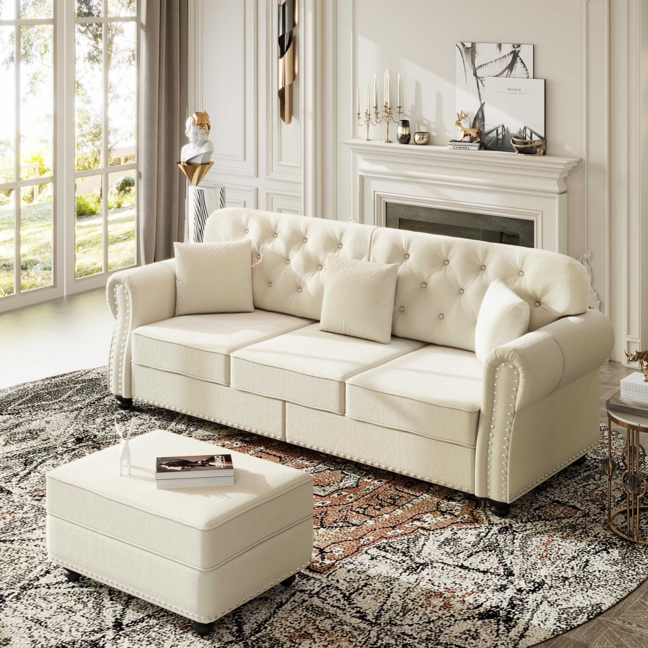 Photo 1 of *2 BOXES TOTAL** KEIKI 83" Velvet Chesterfield Sofa with Rolled Arms & Nailhead Trim & 1 Ottoman, Modern 3-Seater Button Tufted Couch with High Resilience Cushion & 3 Pillow, Easy Assembly, for Living Room, White