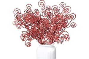 Ysleen 50 Pcs Christmas Glitter Tree Picks and Sprays Twigs Artificial Curly Stem Picks Ornaments 12 Inch Branches Sticks for Xmas Wreath Vase Fillers Gift Decoration(Red)