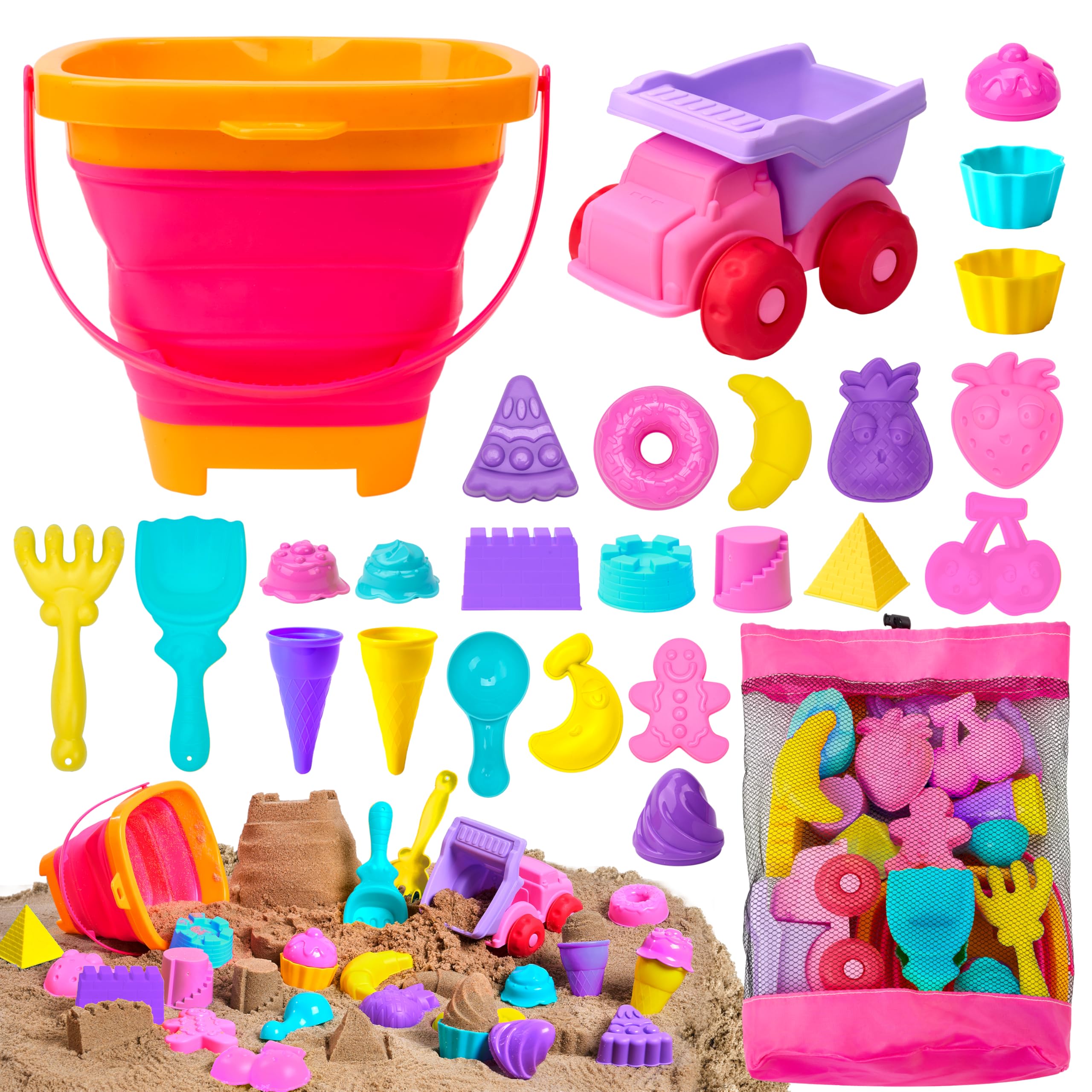 Sloosh Beach Sand Toys Set 24Pcs - Pink Dump Truck Car Toy with Sand Molds, Collapsible Buckets Mesh Bag Shovels Castle Ice Cream Mold for Ages Kids Toddlers Sandbox Toys Gifts Travel Vacation (Foods)