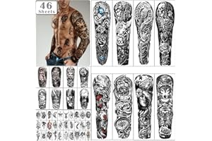 YAZHIJI 46 sheets Full Arm Skull Temporary Tattoos For Men Half Arm Shoulder Angel Tattoo for Ladies Fake Waterproof Wolf Lion Stone Tattoo Stickers For Adult or Kids