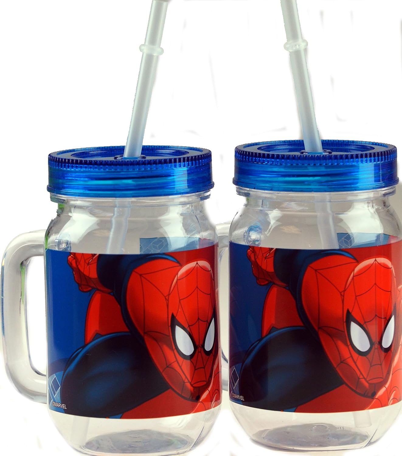 Set Of 2 Spiderman Drinking Jam Jar Beaker With Straw And Handle