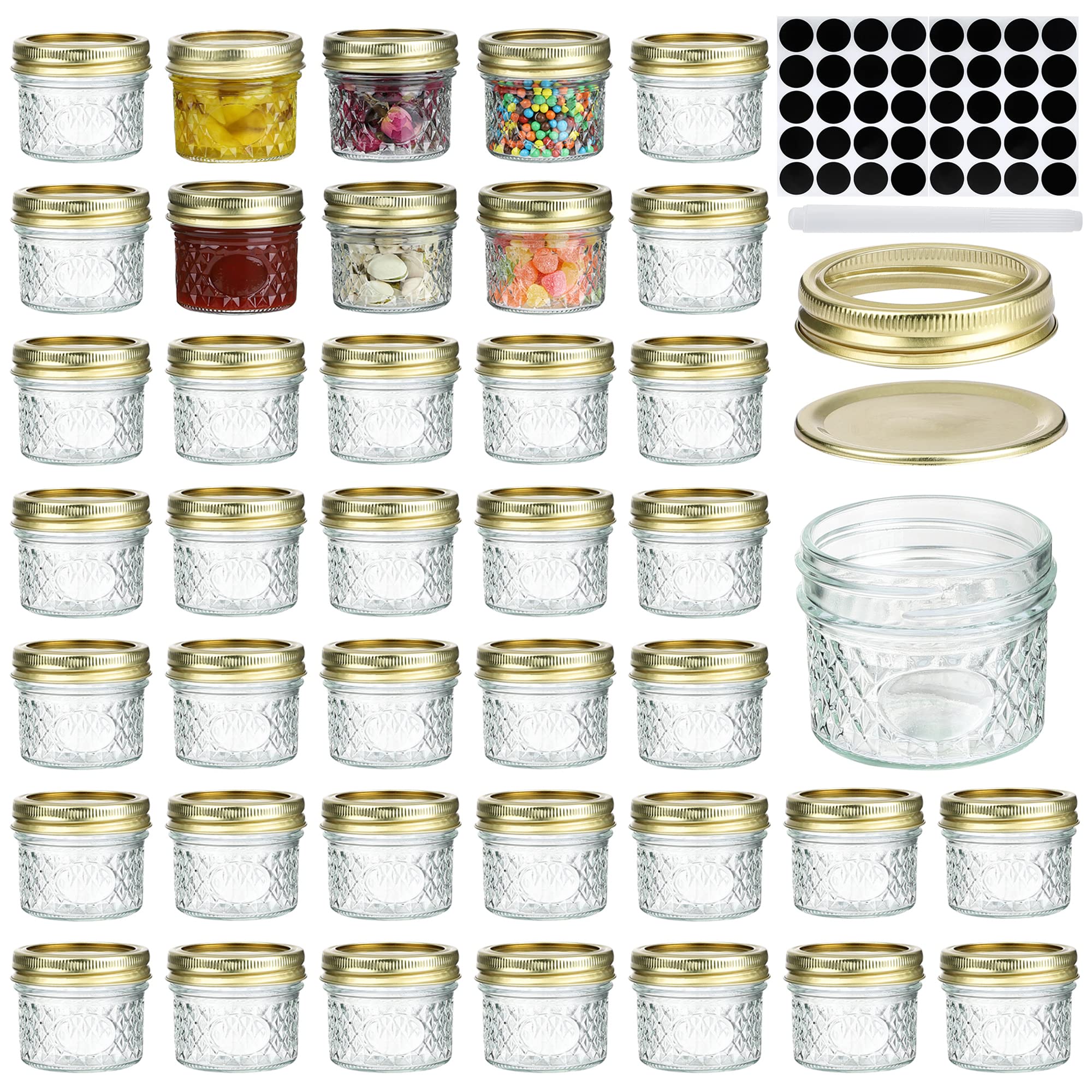 Photo 1 of Mcupper 4oz Mini Mason Jars,Set of 40 Quilted Crystal Style Canning Jars With Gold Lids and Bands, Regular Mouth Glass Jars For Honey, Jelly, Jams-40 Black Labels,1 Chalk Marker Included