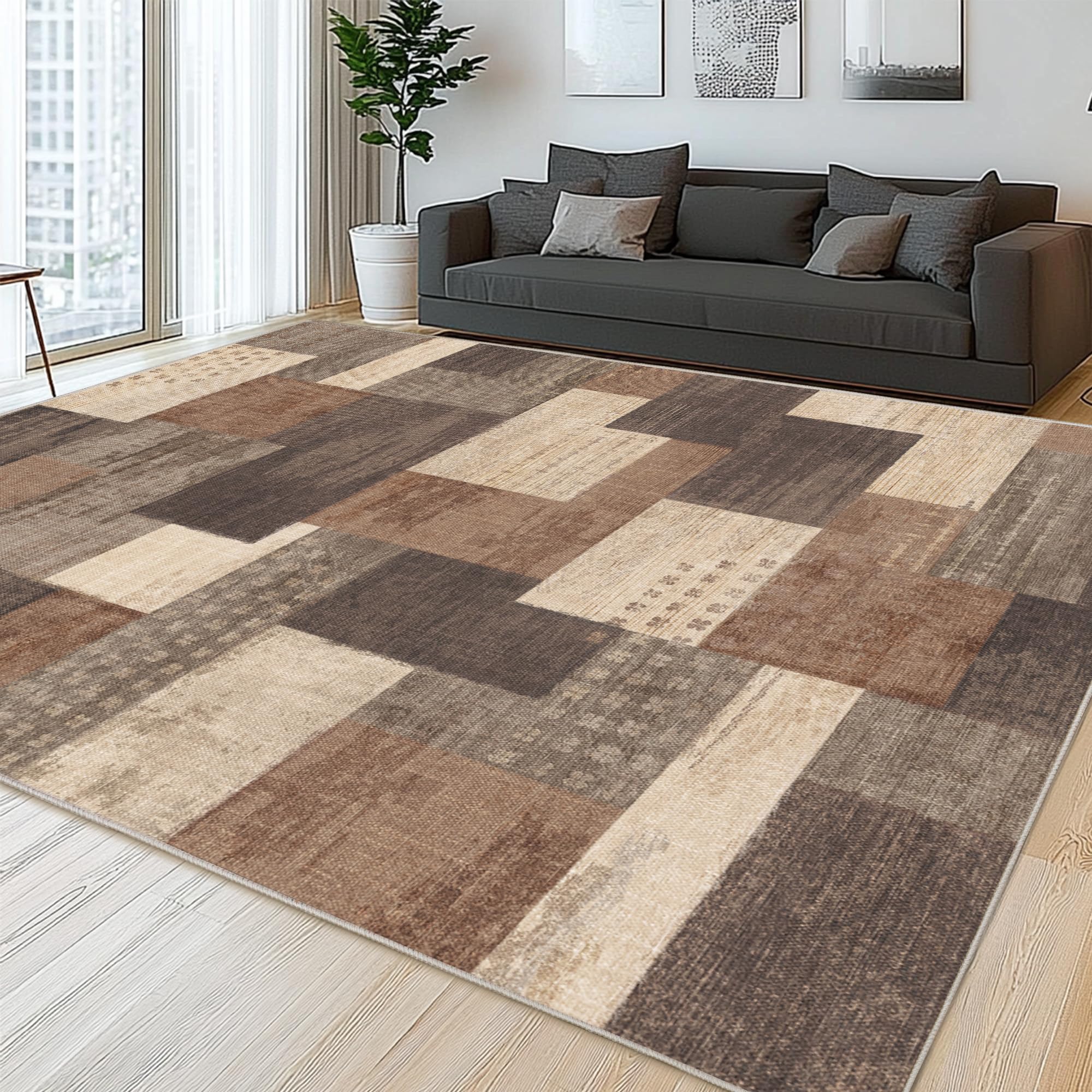 Photo 1 of **DIRTY/ SPILL STAINS** QDUIDU Modern Geometric Patchwork Indoor Area Rug for Living Room, Beige 9'x 12' Large Rug Rockwood Collection Hardwood Floors Decor for Bedroom, Beige Throw Carpet for Office Entryway Dining Room