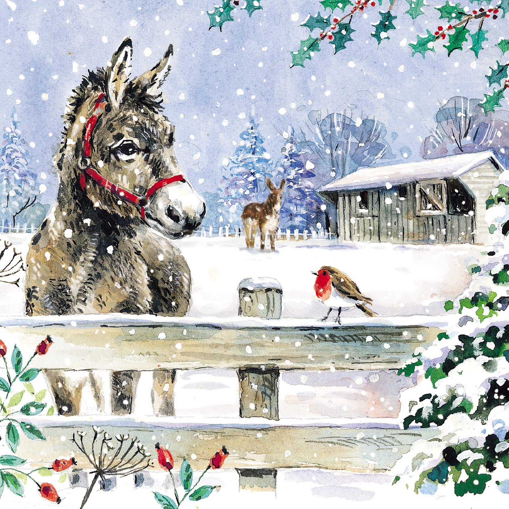 Ling Design Pack of 6 Charity Christmas Cards - Premium Festive Design with Donkey and Robin in the Snow - 6 Cards of 1 Design, Multi, 146 x 146 x 14mm - Supporting UK Charities - GBCC