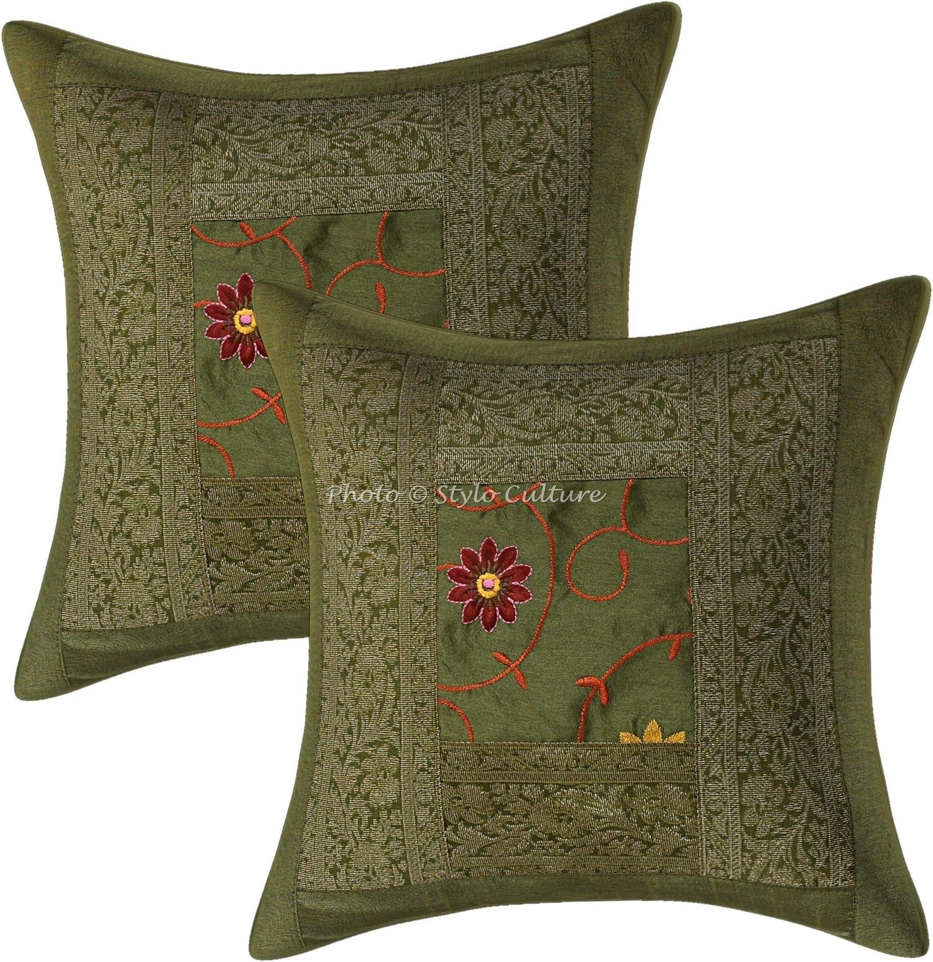 Indian Sofa Throw Pillow Covers Embroidered 16x16 Brocade Patchwork Olive Green Traditional 40cm x 40cm Bed Room Polydupion Floral Square Cushion Covers | Set of 2