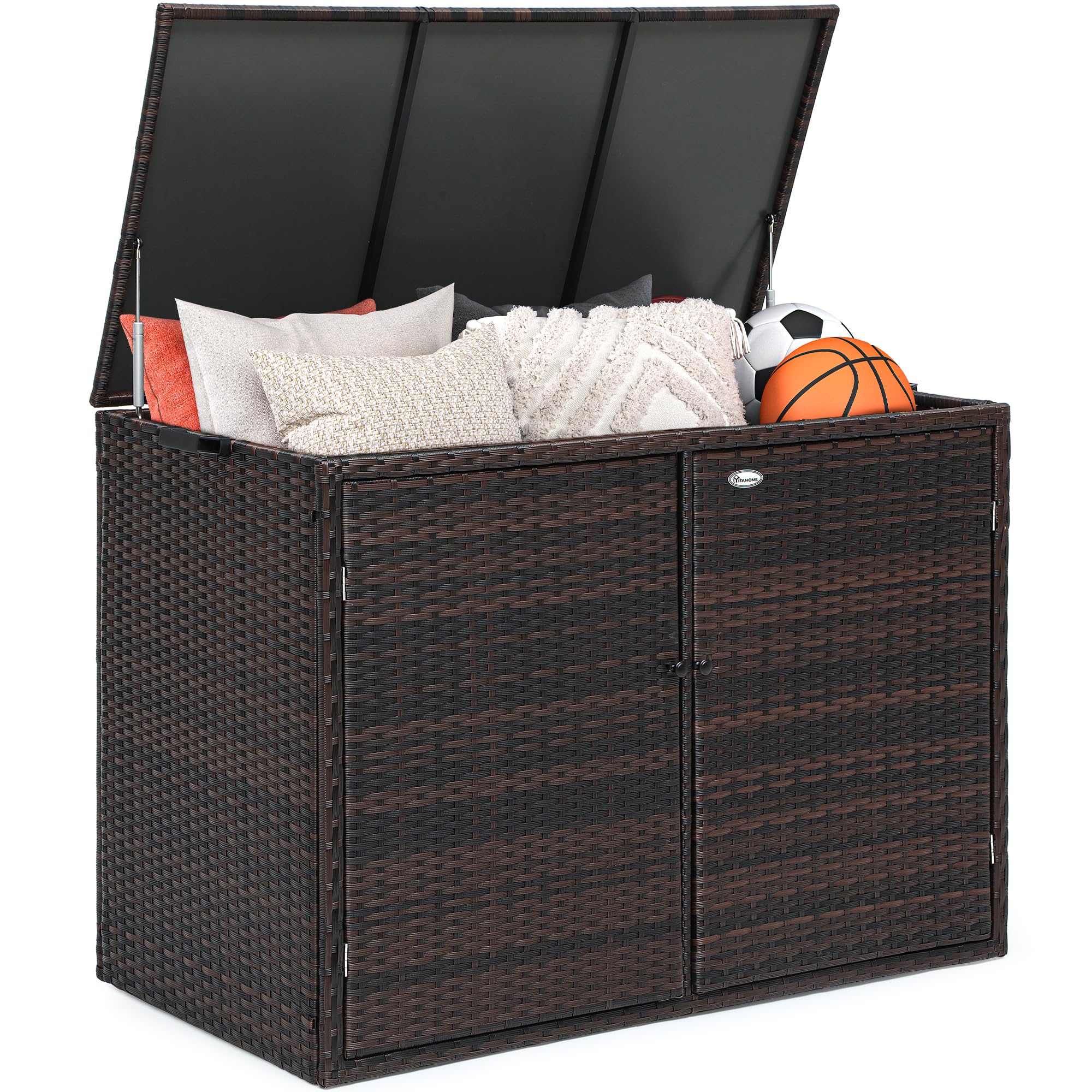 Photo 1 of **READ NOTES**
YITAHOME 150 Gallon Outdoor Storage Box with 3-Tier Storage, Large Wicker Rattan Deck Box with Lid, Double Doors, and Separate Storage Shelves for Patio, Pool, Supplies, and Tools - Brown