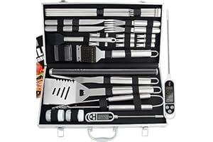 ROMANTICIST 28pcs BBQ Accessories Set with Thermometer - The Very Best Grill Gift on Birthday Wedding - Heavy Duty Stainless Steel Grill Set in Case for Outdoor Cooking Camping Grilling Smoking