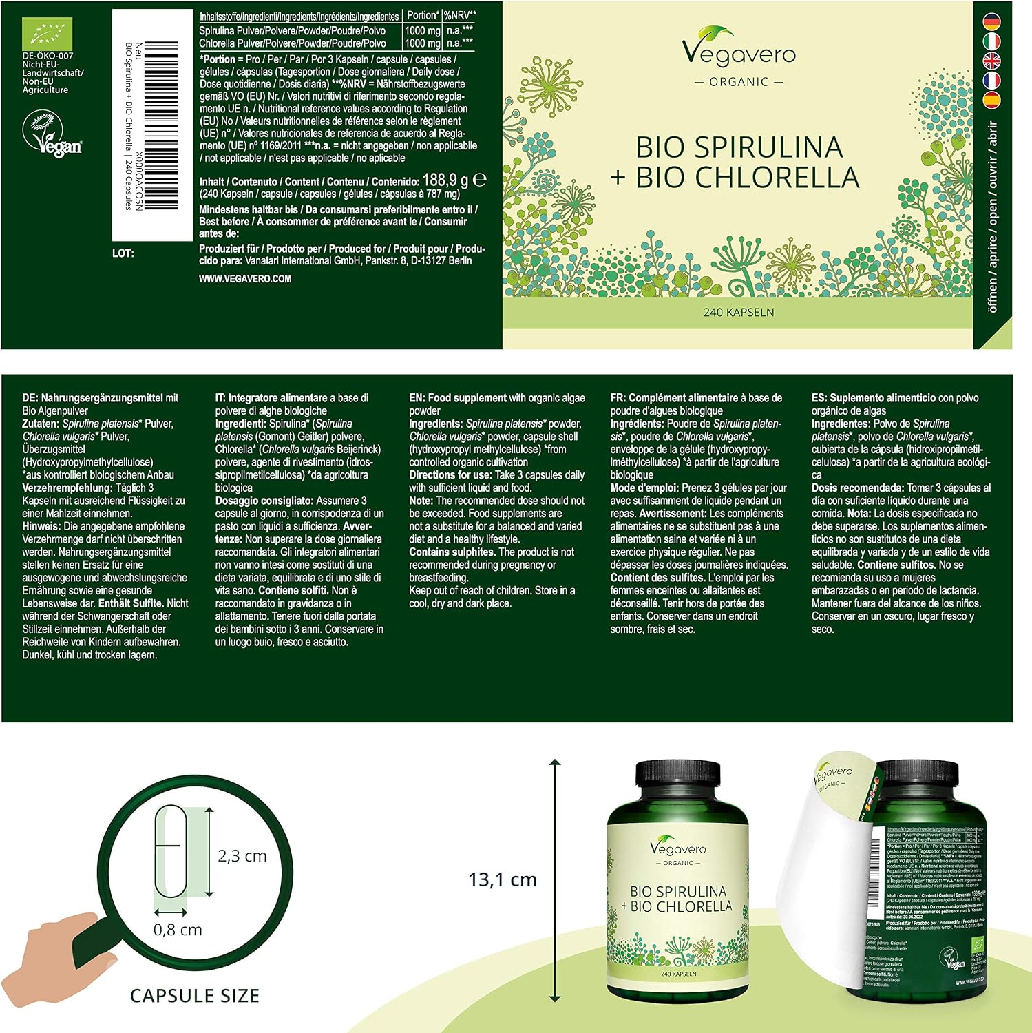 Vegavero Organic Spirulina and Chlorella Capsules High Strength, 240 count (Pack of 1) - Image 3
