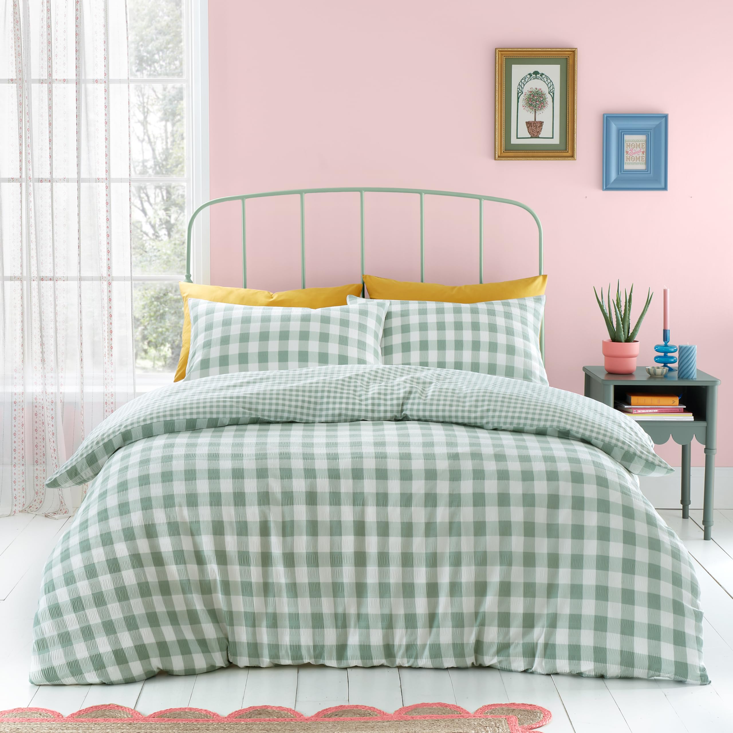 Catherine Lansfield Seersucker Gingham Check King Duvet Cover Set Green