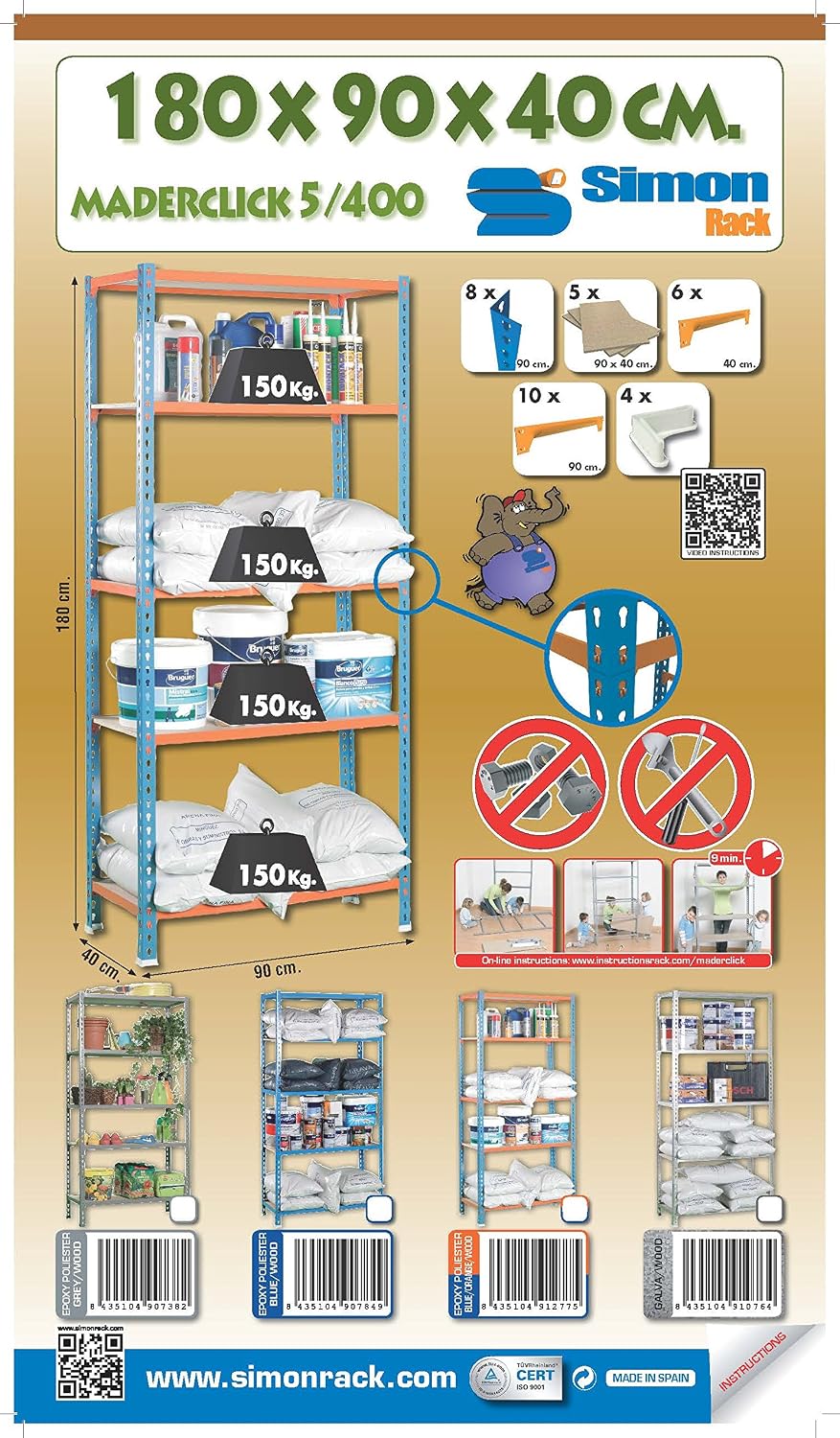 Simonrack Garage Shelving Unit 1800x900x400 mm, 5 Tier Metal Rack with 16 mm MDF Shelves, 150 kg per Shelf, Grey/Wood - Maderclick - Image 5