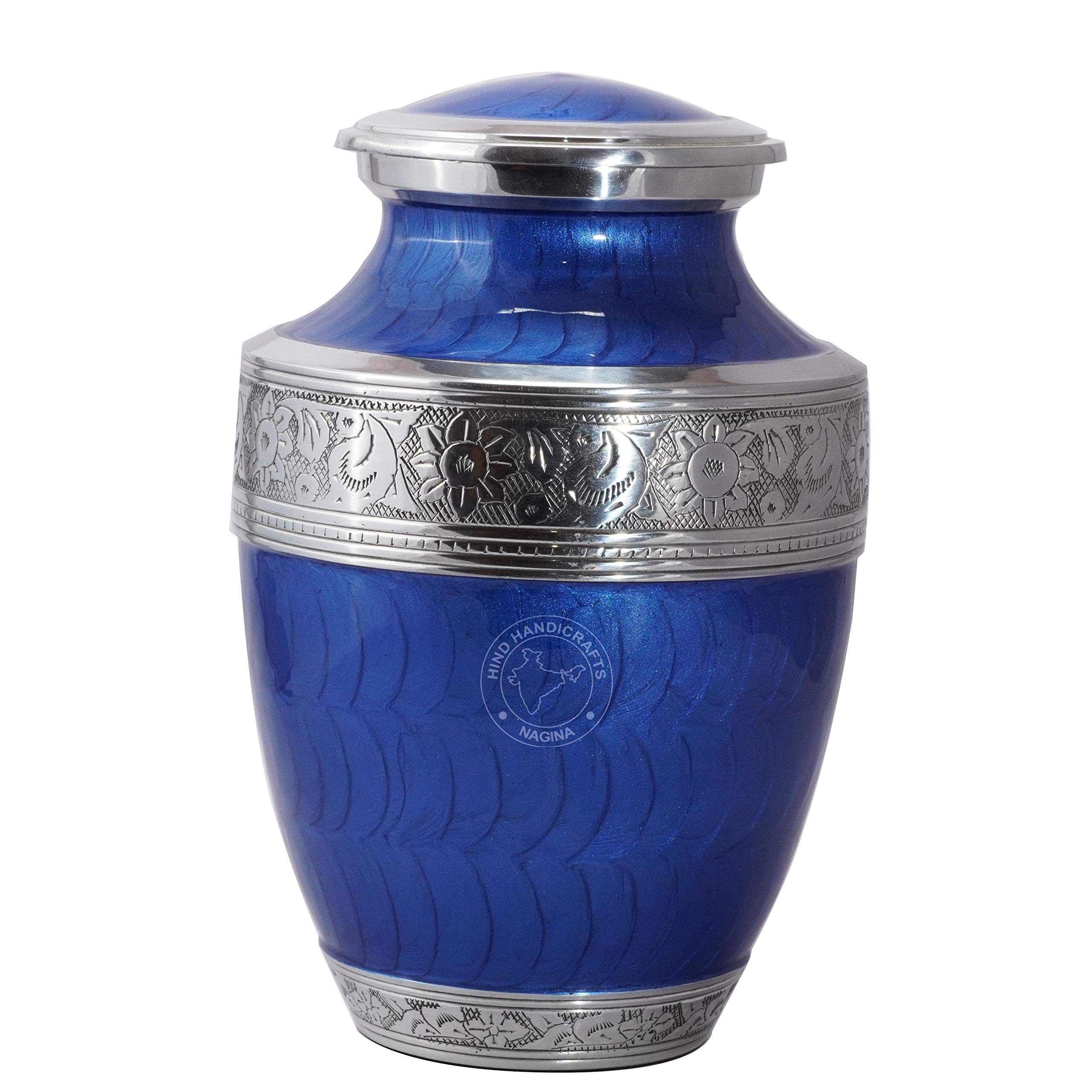 Hind Handicrafts Silver Engraved Cremation Urn for Human Ashes - Handcrafted Adult Funeral Urn - Large, Bag Included (7" x 7" x 10" - 200 bs or 90 kg, Pearl Blue)