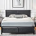 VECELO Full Size Platform Bed Frame with Black Wood Headboard, Mattress Foundation, Strong Metal Slats Support, No Box Spring