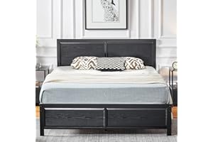 VECELO Full Size Platform Bed Frame with Black Wood Headboard, Mattress Foundation, Strong Metal Slats Support, No Box Spring Needed