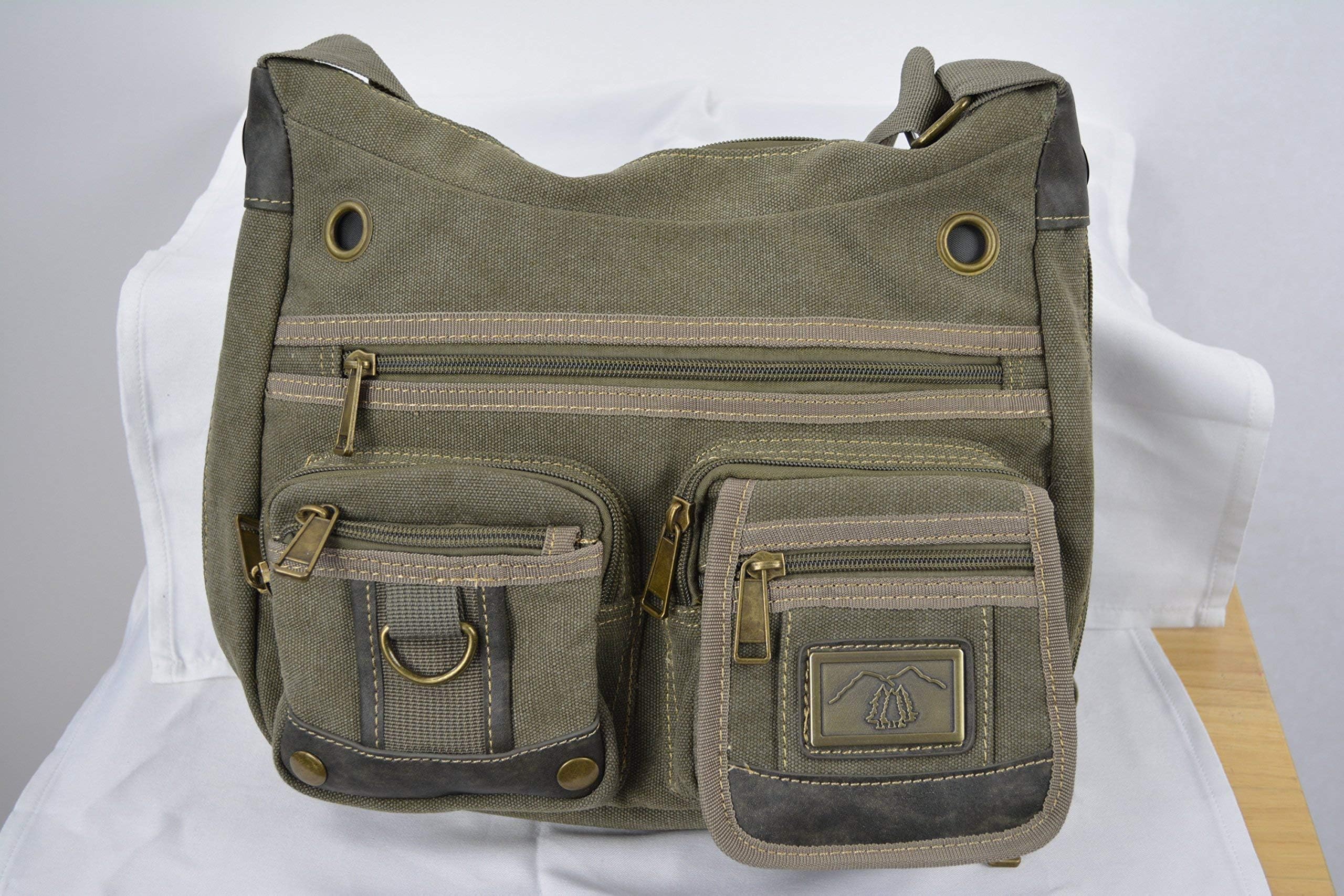 Camille Conceals Multi Pocket Medium Canvas Concealed Carry Cross Body Purse/Canvas Shoulder Bag with 7 zipper pockets. Room for a Large Tablet and much more.