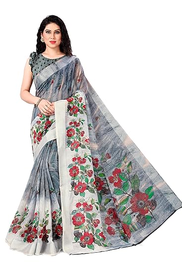 Womens Cotton Mix Printed Saree With Blouse Piece (19214-Grey,Red-6.3 meters)