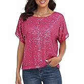 PrettyGuide Women's Sparkly Sequin Tops Short Sleeve Glitter Loose Party Shirt Blouse Boat Neck Dressy Top
