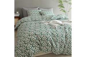 BuLuTu Green Floral Queen Duvet Cover Set with White Flowers Comforter Cove 100% Cotton Queen Size Comforter Cover for Teens,Girls,Women Floral Dorm Quilt Cover
