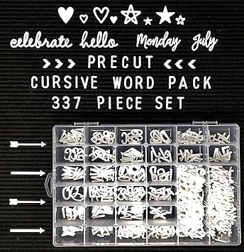 Amazon Com Precut Letter Board Letters And Cursive Word Pack Sorted Alphabetically In Organizer 337 Pieces Includes Days Of Week Months And Celebration Words Letters Words And Organizer Only Office Products