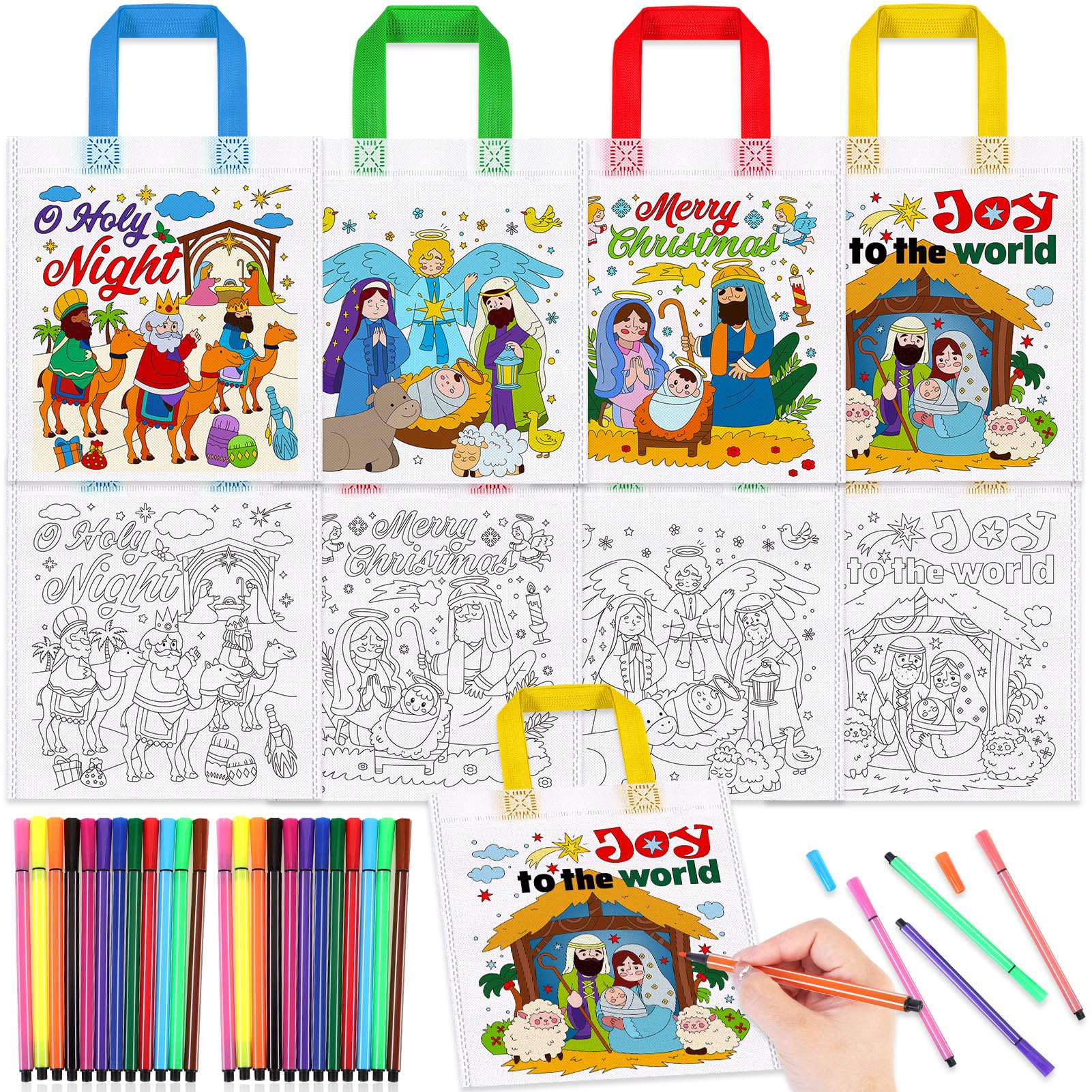HOWAF 12PCS Colour Your Own Christmas Bags, Coloring Nativity Christmas Party Bag DIY Graffiti Gift Bags, Non-Woven Christian Xmas Gift Bag for Jesus Religious Xmas Crafts Gifts, C