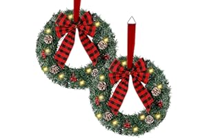 Zcaukya 2 Packs Pre-lit Christmas Wreaths, 14 Inch Buffalo Check Bowknot Wreath with 8 Lighting Modes String Lights, Artificial Front Door Wreath for Xmas Hanging Decor, with Timer