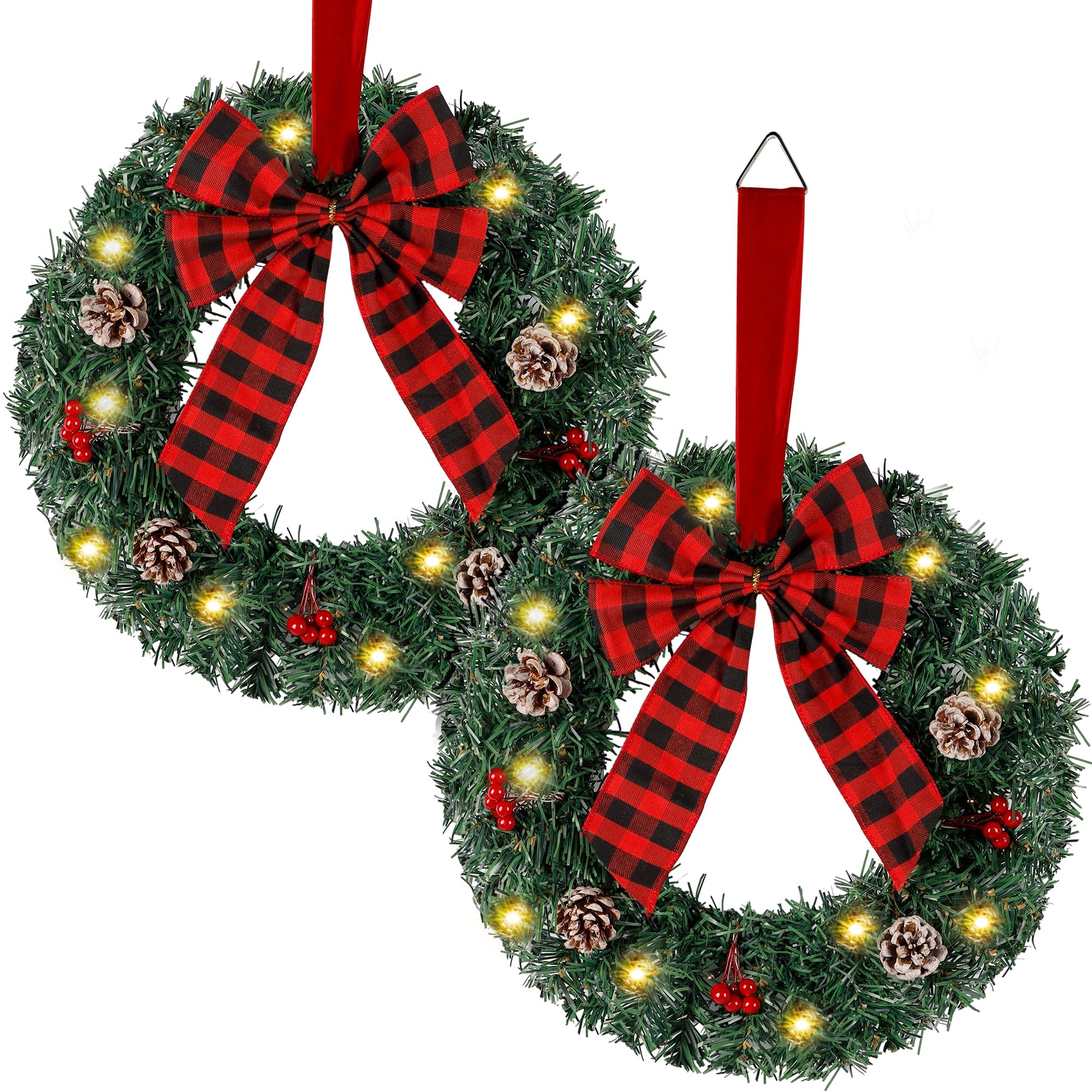 Photo 1 of Zcaukya 2 Packs Pre-lit Christmas Wreaths, 14 Inch Buffalo Check Bowknot Wreath with 8 Lighting Modes String Lights, Artificial Front Door Wreath for Xmas Hanging Decor, with Timer